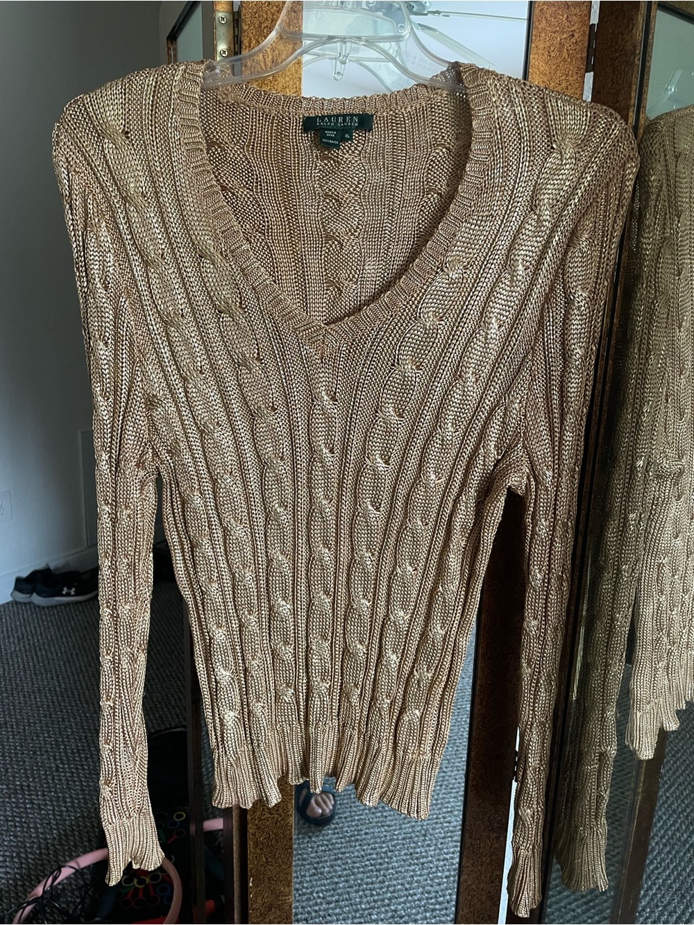 Ralph Lauren Metallic Cable-Knit V-Neck Sweater in Gold-Tan XL Vintage excellent